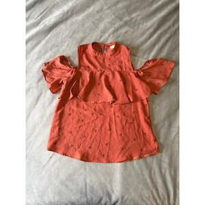 Elm Womens Cold Shoulder Ruffle Blouse Rust Orange Sailboat Print Top Small